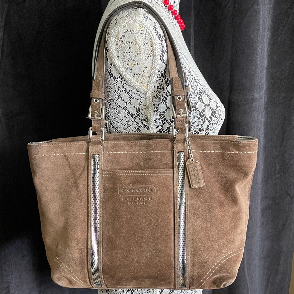 Vintage Coach Tan Suede Tote with Silver Accents